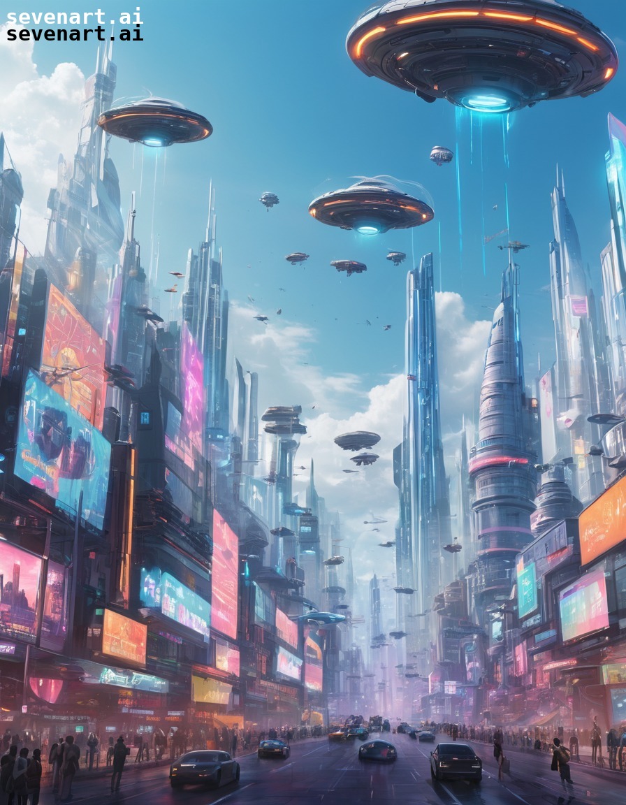 futuristic, cityscape, holographic, flying cars, technology, future