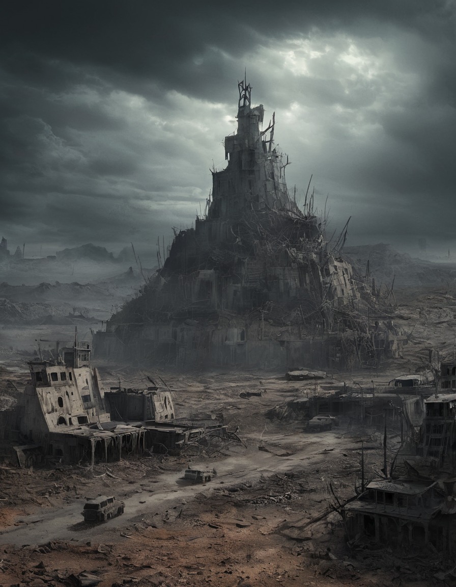 post-apocalyptic, wasteland, fortress, desolate landscape, mad max