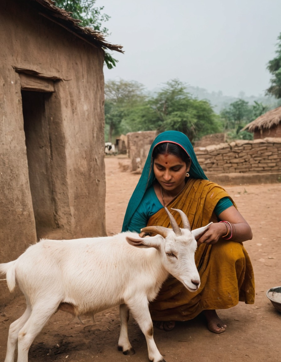 ancient india, woman, goat, rural village, milking, daily life, historical scene