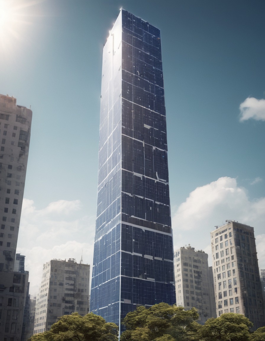 skyscraper, solar panels, clean energy, sustainability, urban architecture, future