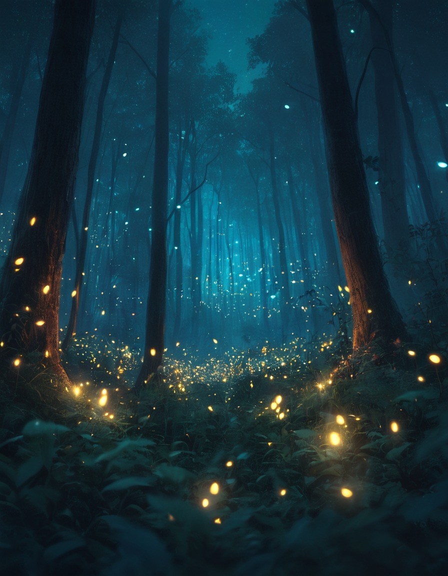 magical, forest, fireflies, ethereal, dusk