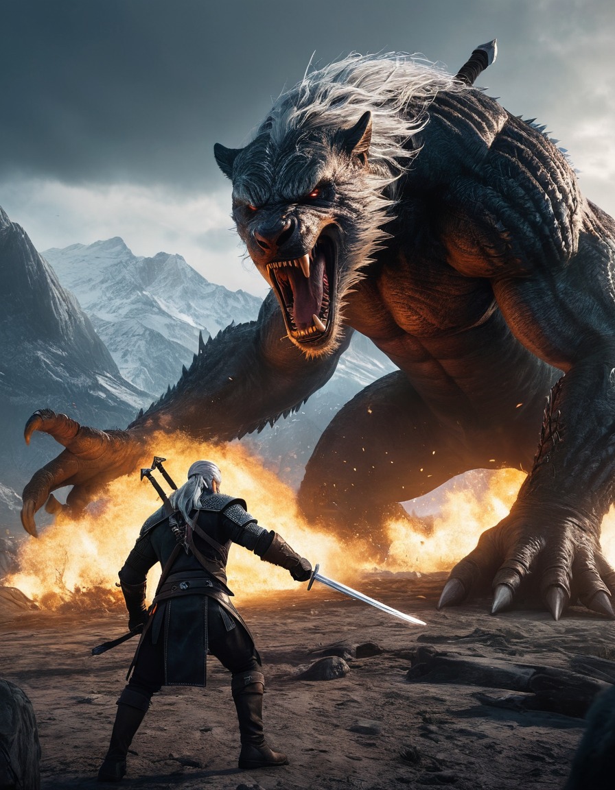 geralt of rivia, monster, battle, swordfight, fantasy, action, computer games