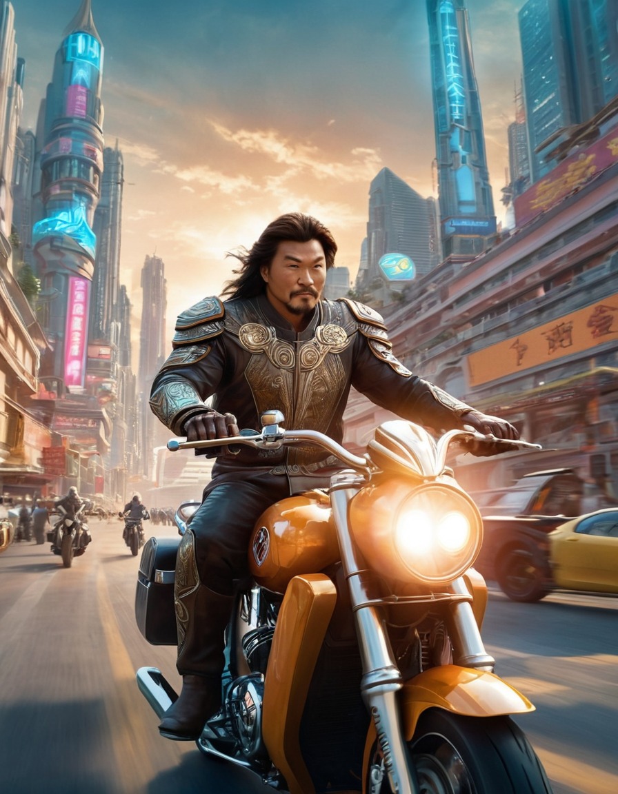 genghis khan, motorcycle, futuristic city, conqueror, historical figure