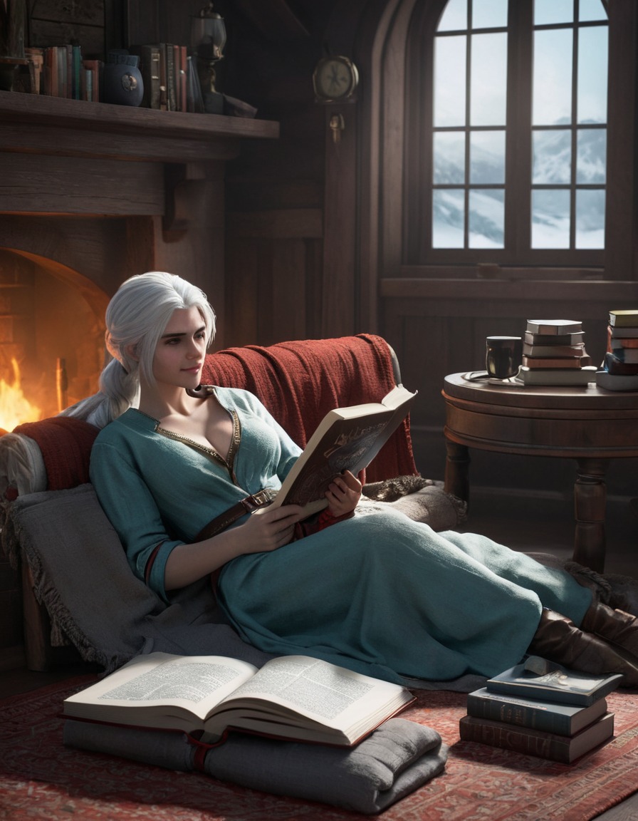 ciri, the witcher 3, lounging, cozy, books, games, girls from games