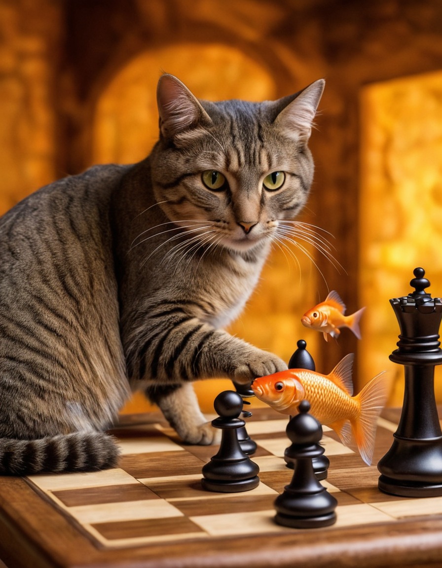 cat, fish, chess, unusual, animal behavior, surreal, humor