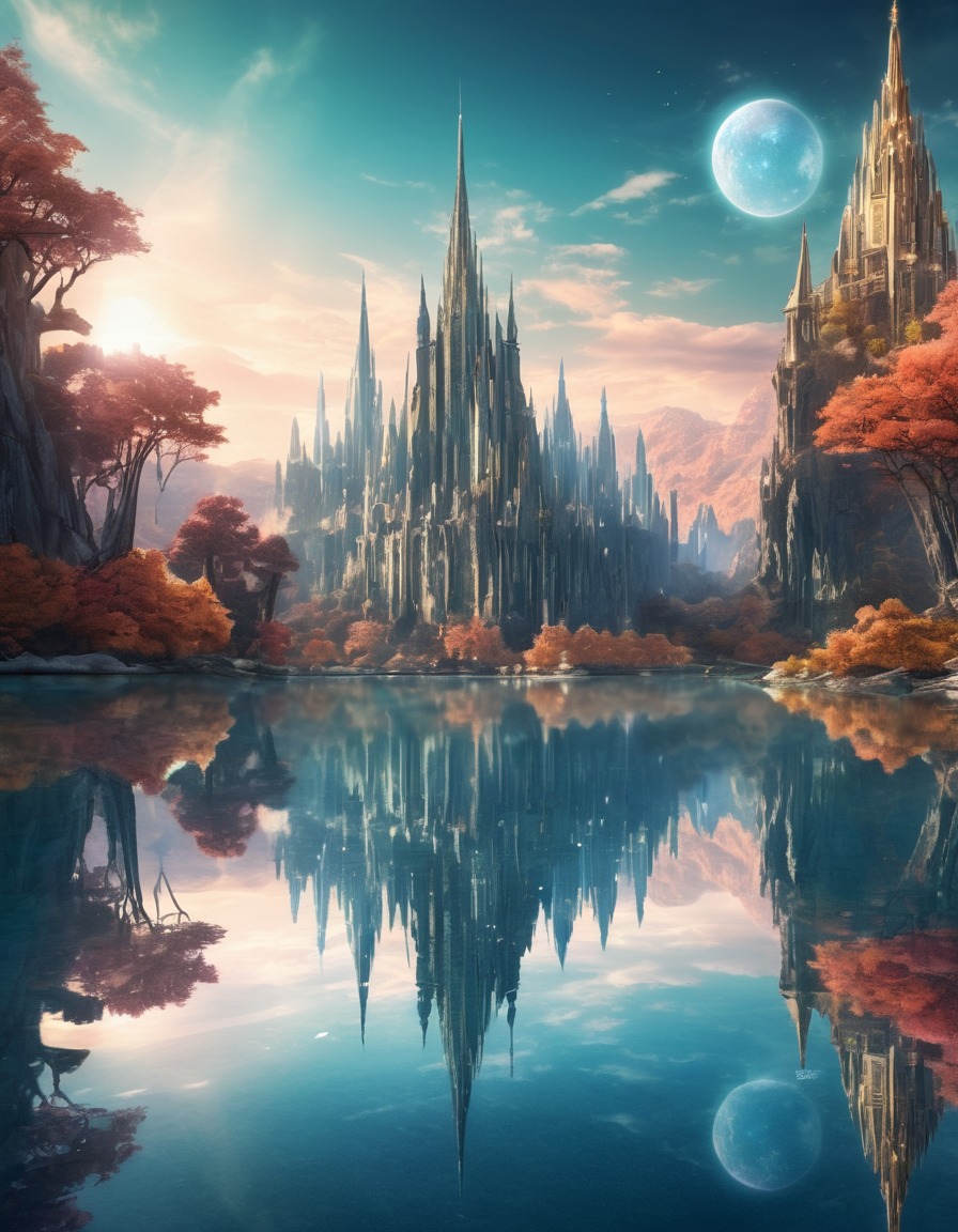 mirrored lake, crystal spires, fantasy scene, cityscape, reflection, glittering, dreamlike