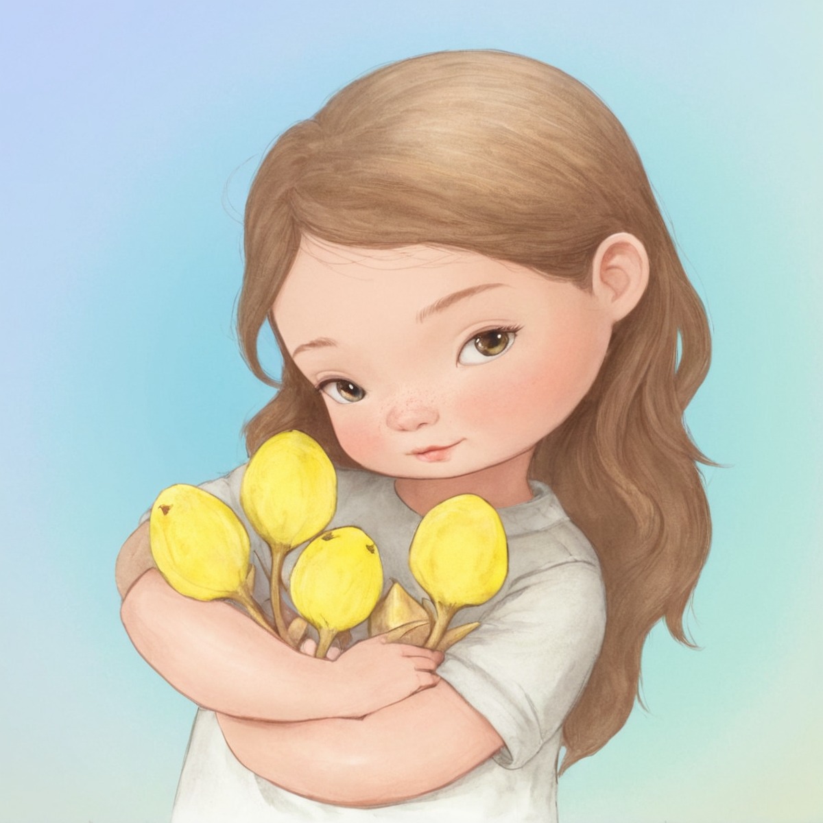 cute, flowers, girl, spring, tulips, yellow, little