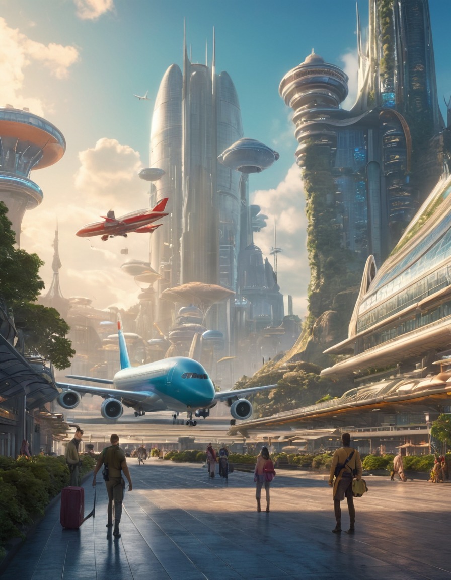 airport, fantasy, magical creatures, fictional city, enchanted beings, metropolis, magic