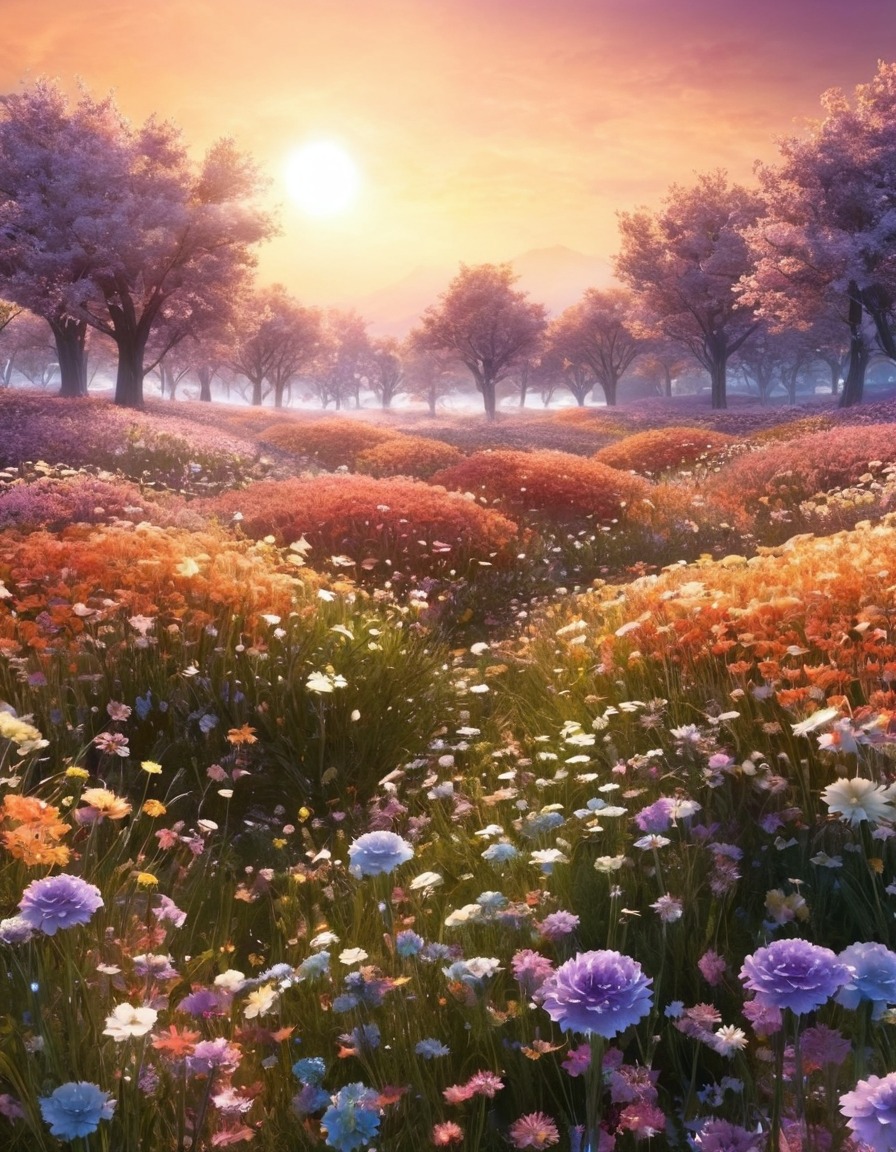 field, shimmering flowers, color-changing, fantasy, nature, wind, beauty