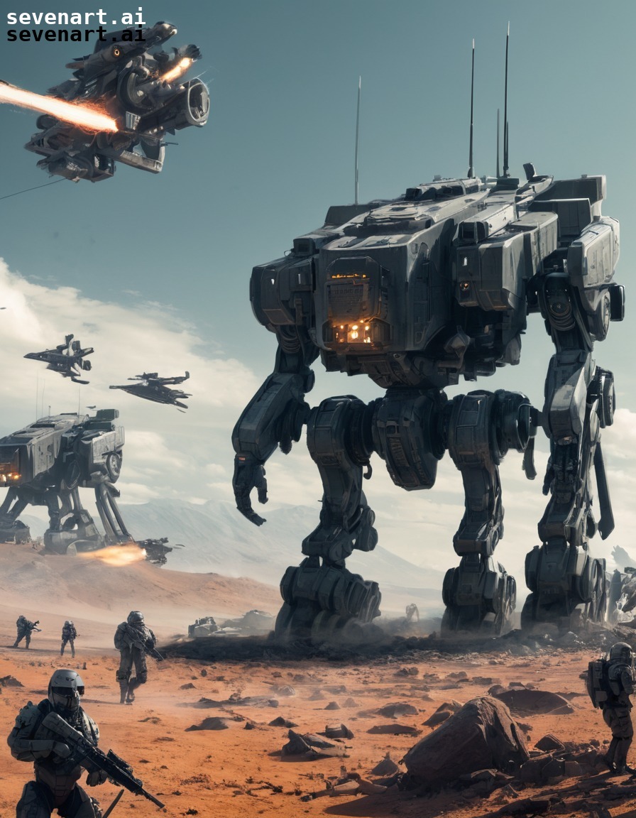 sci-fi, landscape, war machines, soldiers, powered exoskeletons, army