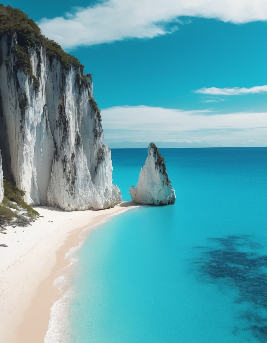 beach, turquoise waters, white sand, cliffs, pristine, nature