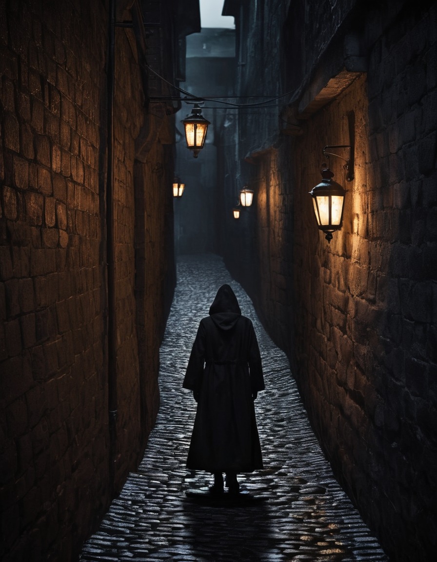 dark, mysterious, figure, alleyway, lanterns, shadows, gothic, underground