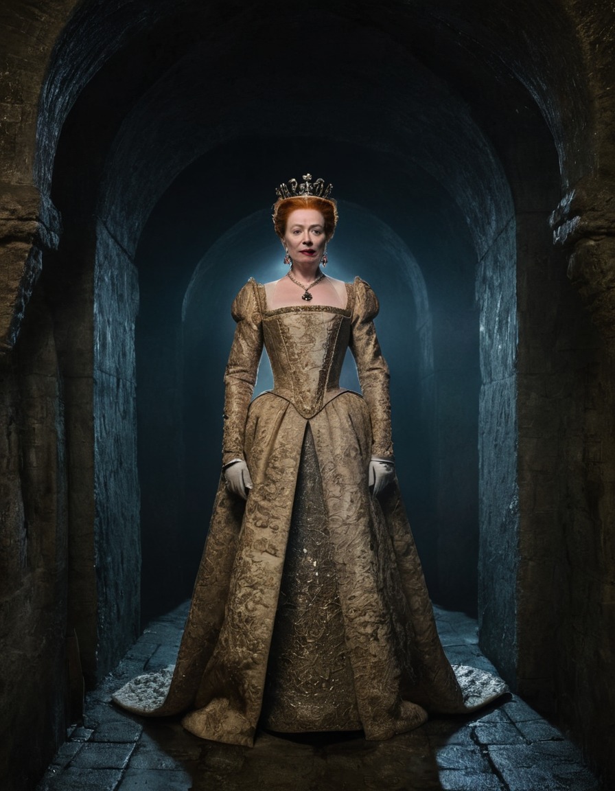 queen elizabeth i, royalty, historical figure, dimly lit chamber, regal, underground chamber