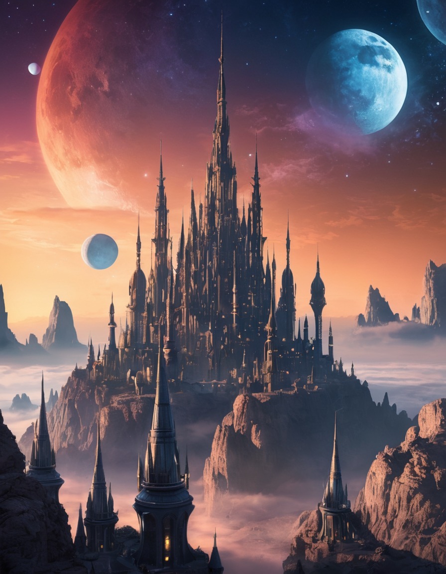 alien city, futuristic, sci-fi, spires, moons, majestic, extraterrestrial, aliens