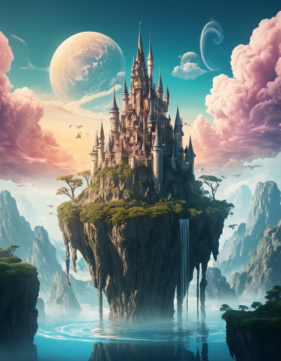 castle, wizards, magical beings, floating islands, fantasy, fantastic