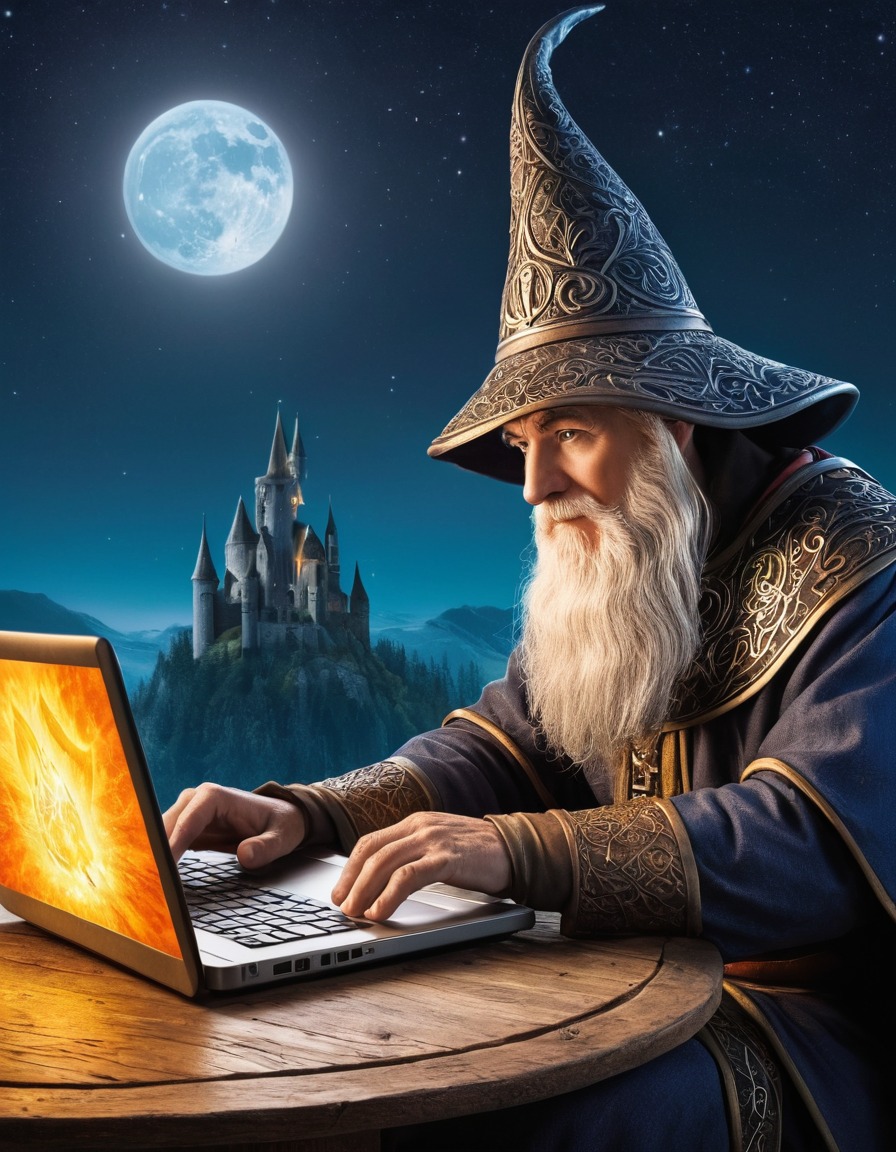 wizard, laptop, medieval, woodcut, illustration, art