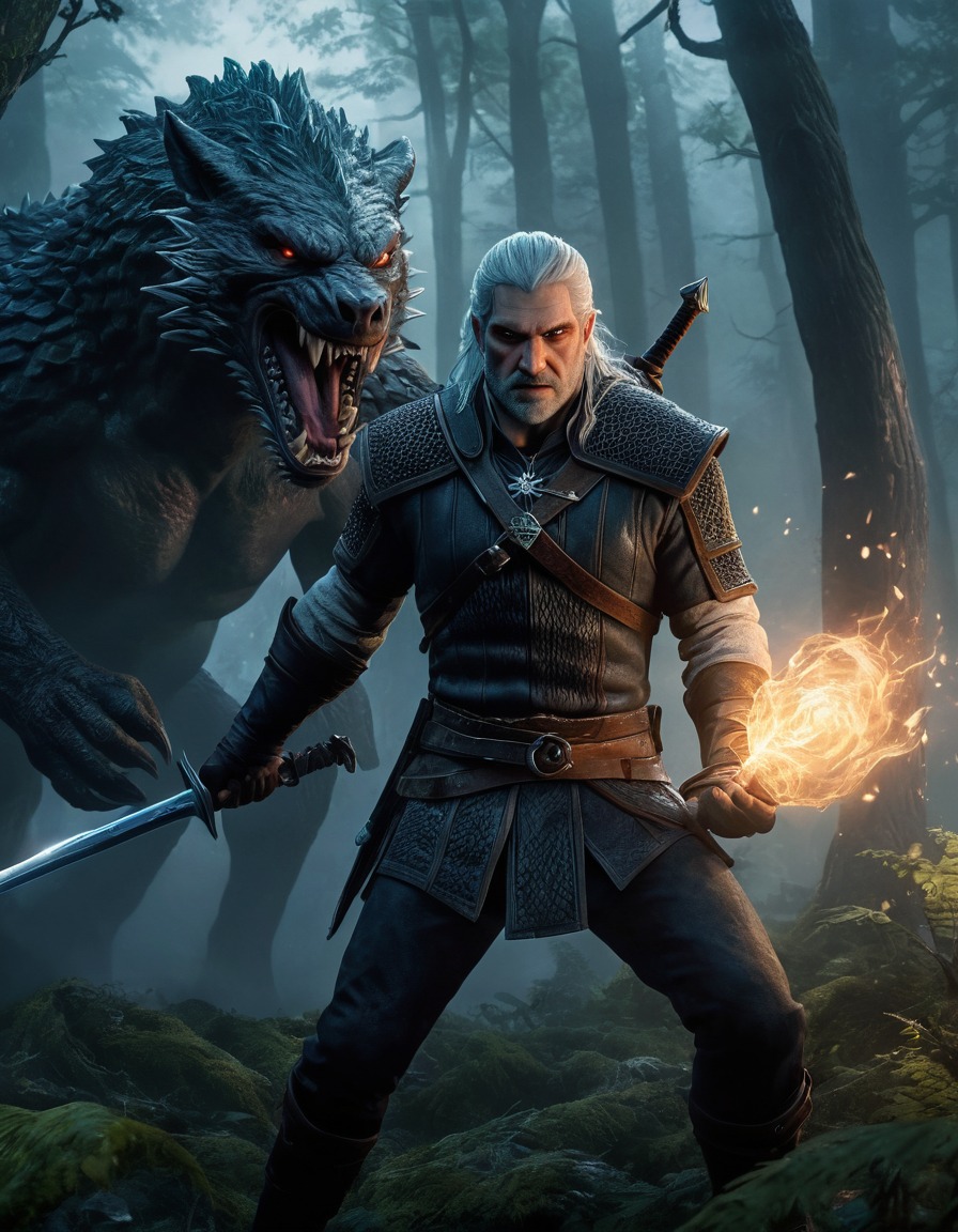 geralt of rivia, monster, battle, fantasy, dark forest, illustration, computer games