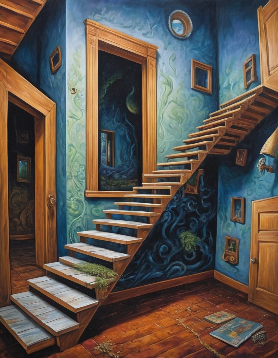 staircase, door, upside-down, surreal