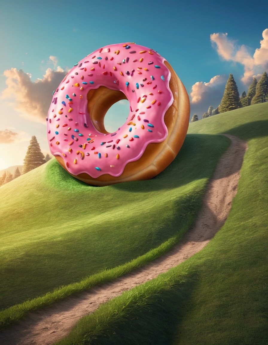 giant donut, hill, rolling, unexpected sight, bizarre, food, quirky