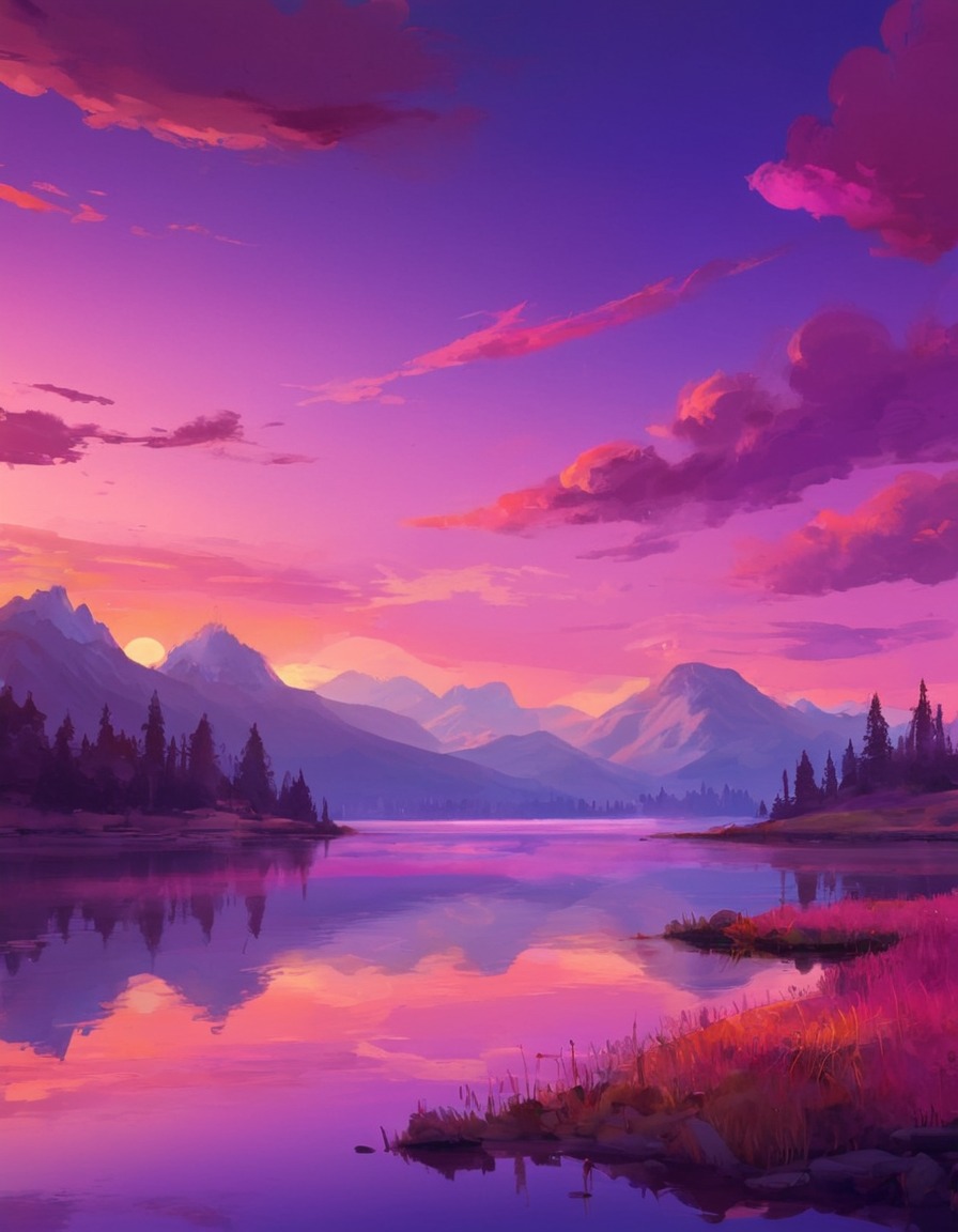 sunset, lake, vibrant, tranquil, colorful