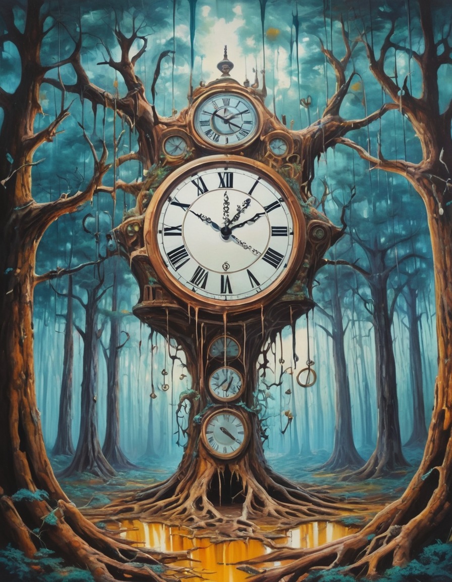 surrealism, melting clock, salvador dali, upside-down trees, fantasy landscape, surreal