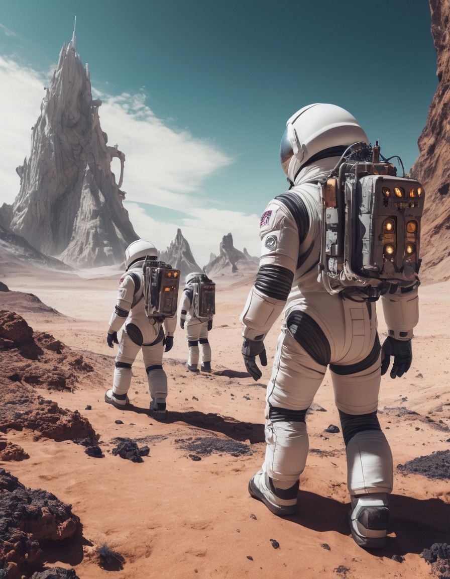 space exploration, alien planet, astronauts, exoskeleton suits, adventure, future