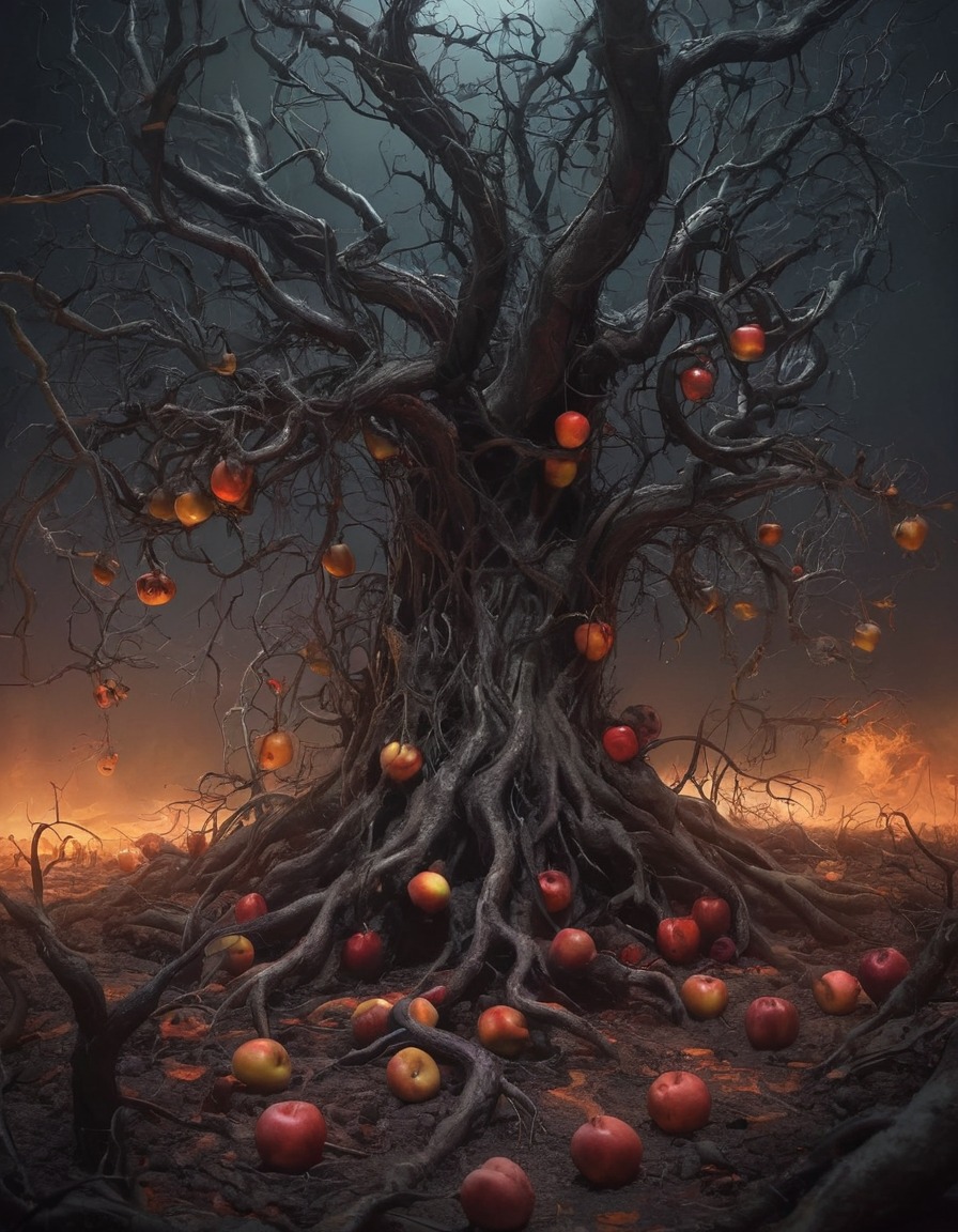 twisted trees, cursed fruit, hell, inferno, dark fantasy, supernatural, demonic imagery