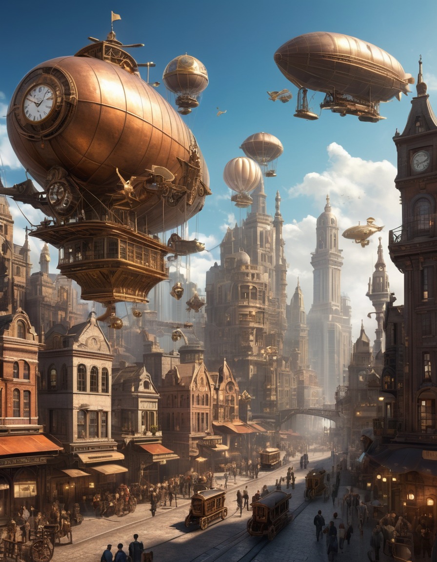 steampunk, cityscape, clockwork automatons, airships, metal skyscrapers, fantastic