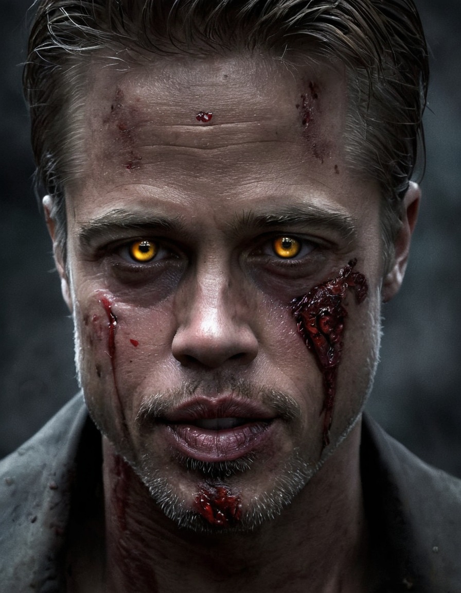 zombie, brad pitt, digital painting, horror, celebrity, undead, gore, celebrities