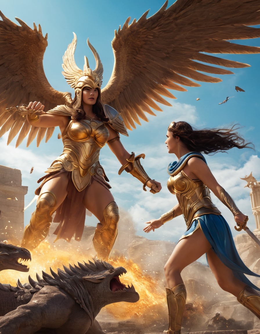 athena, epic, fight scene, monsters, greek mythology, goddess, warrior