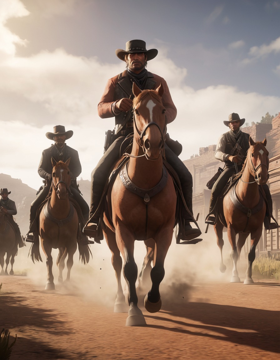 wild west, outlaws, red dead redemption 2, western town, horseback, dusty street, computer games