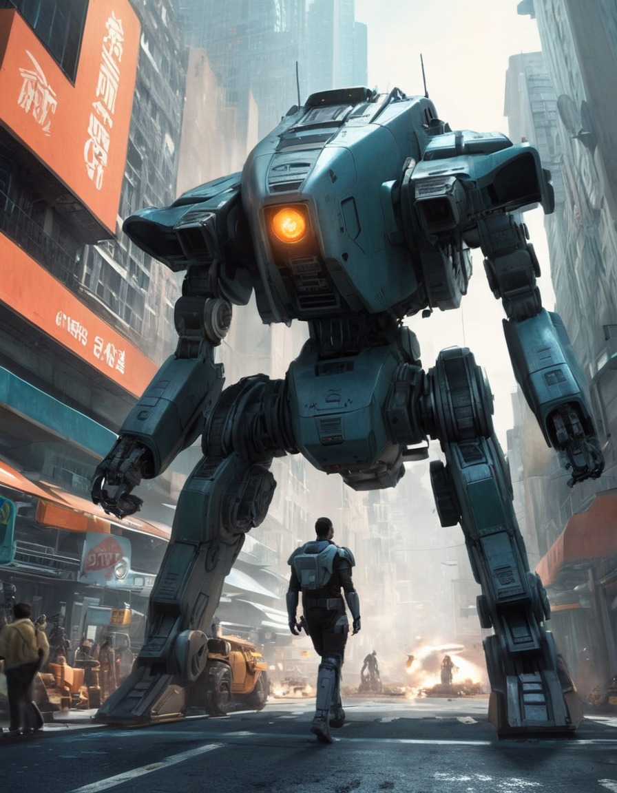 futuristic, ed-209, malfunctioning, chaos, city street, science fiction, robots, games, movies