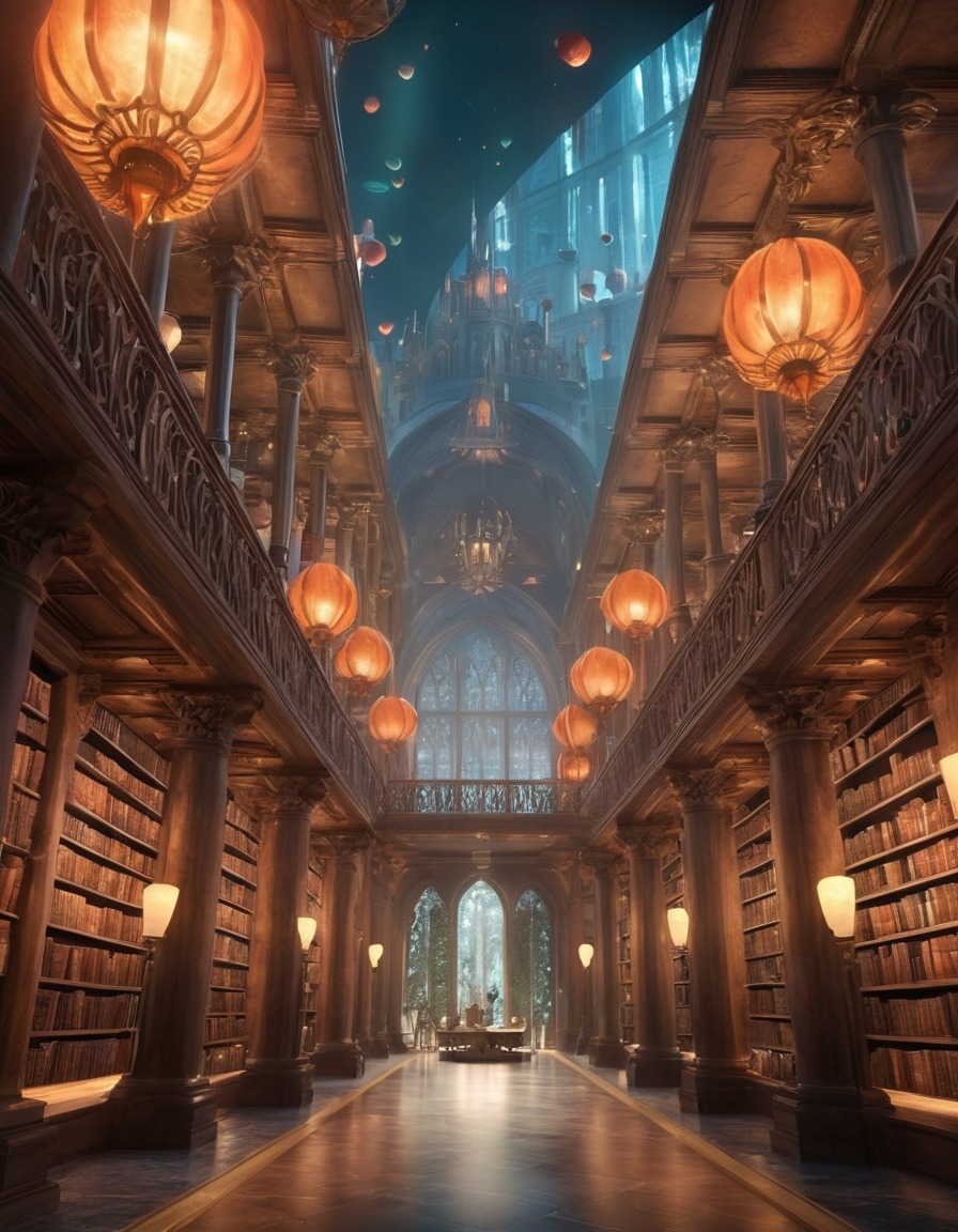 fantasy, library, fictional creatures, magical, urban fantasy, big city, literature