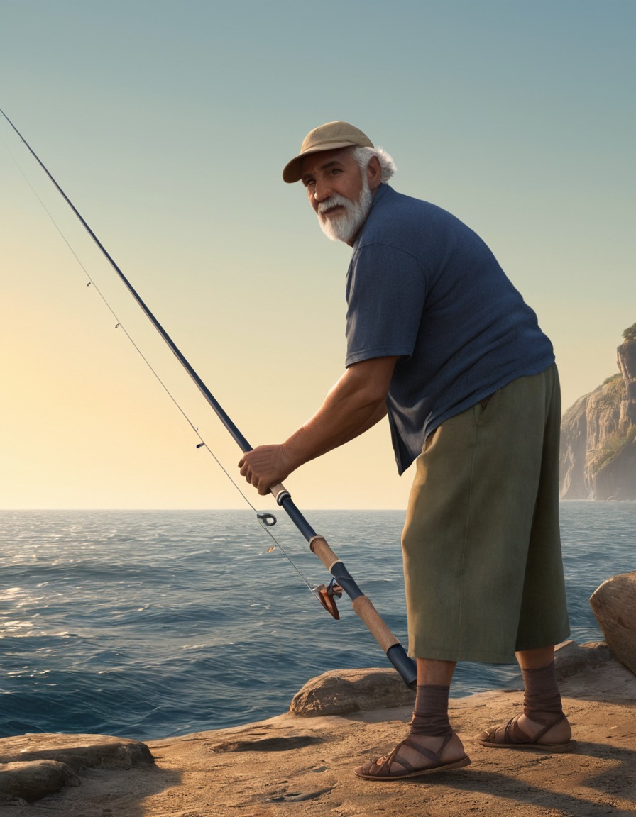 santiago, the old man and the sea, fishing, oversized fishing rod, humor, adventure, books