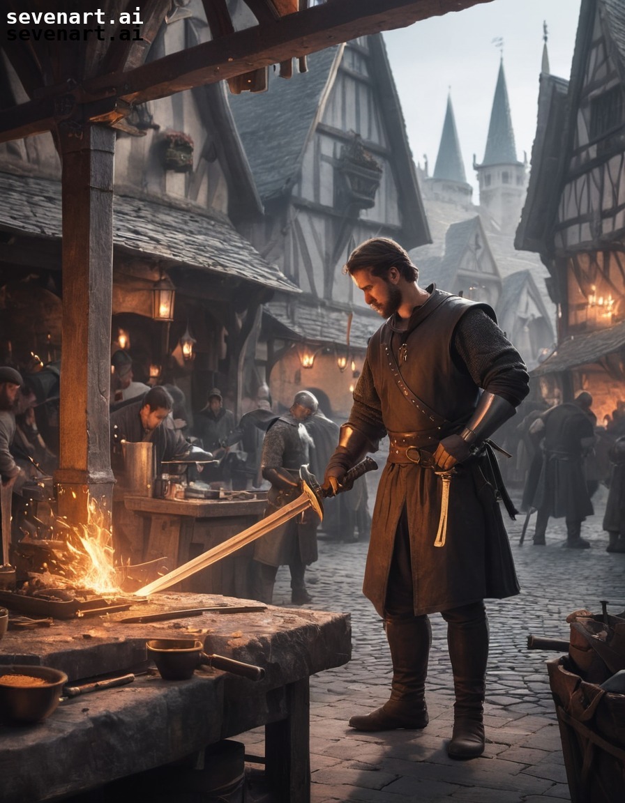 blacksmith, sword, forging, medieval, marketplace, middle ages