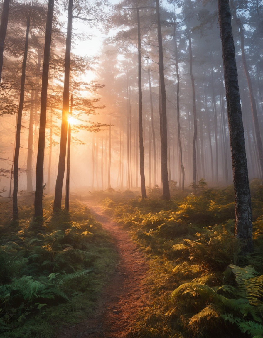 mist, forest, sunrise, nature, landscape