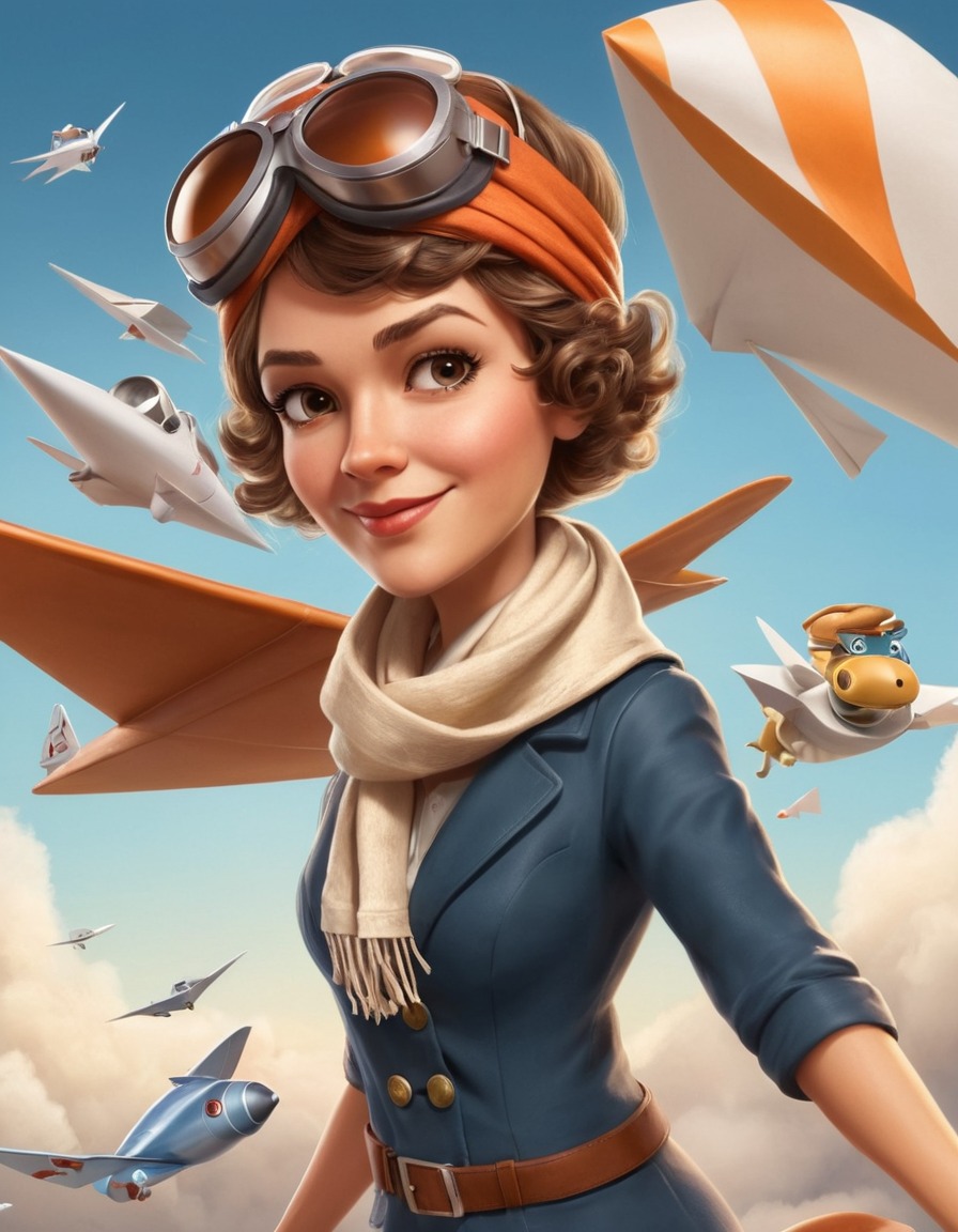 amelia earhart, caricature, aviation, humor, funny