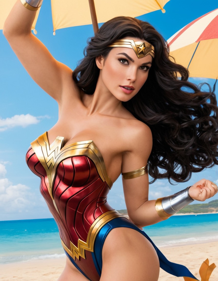 beach, wonder woman, dc comics, superhero, swimsuit, comic character, powerful woman