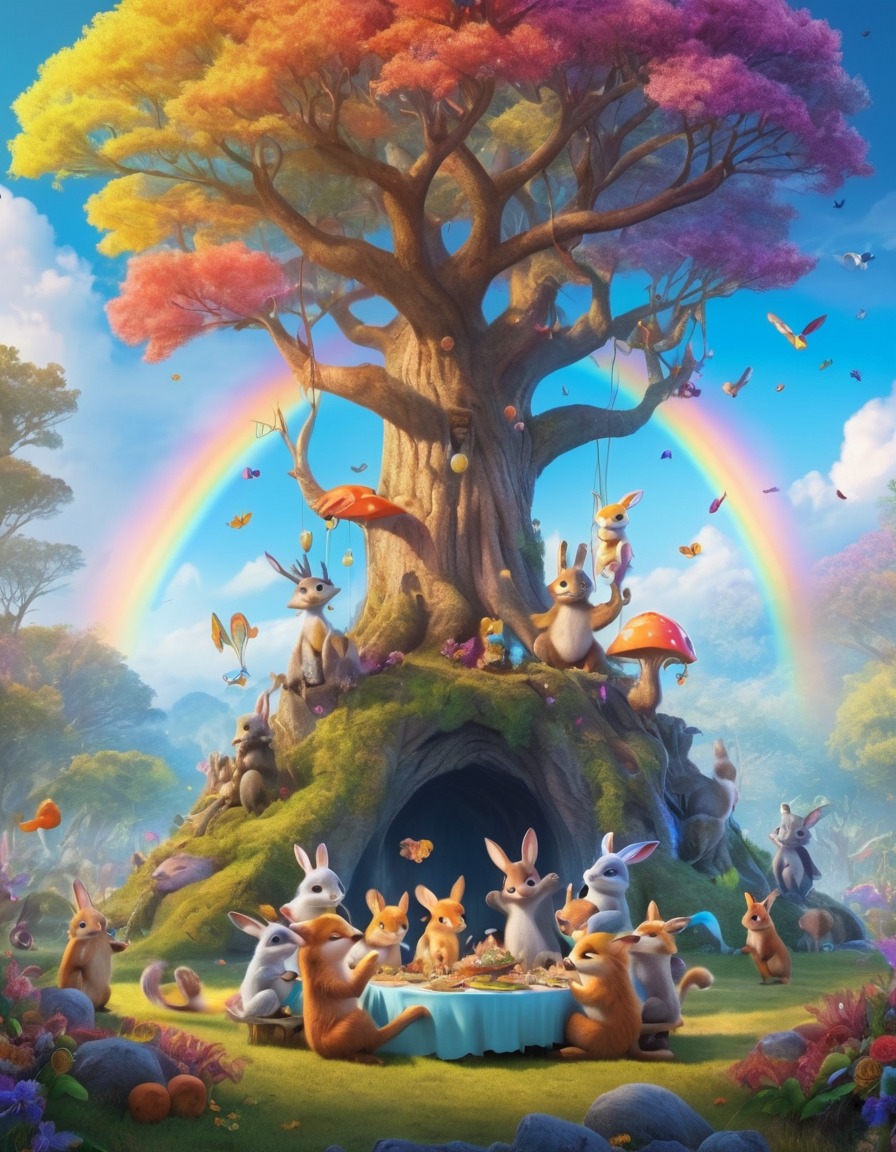 magical creatures, feast, rainbow tree, whimsical, fantasy, forest, celebration, fantastic