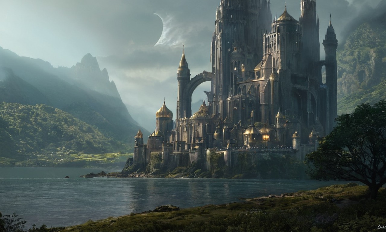 castle, landscape, mattepainting, mood, mountain, ruins, scenery, village, raphaellacoste, art, conceptart, illustration