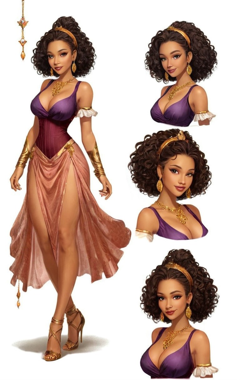 characterdesign, fantasycharacter, digitalart, cartoon, conceptart, characterconcept, beautiful, bosoms, curlyhair, dress, fashion, female, girl, gypsy, seethrough, style