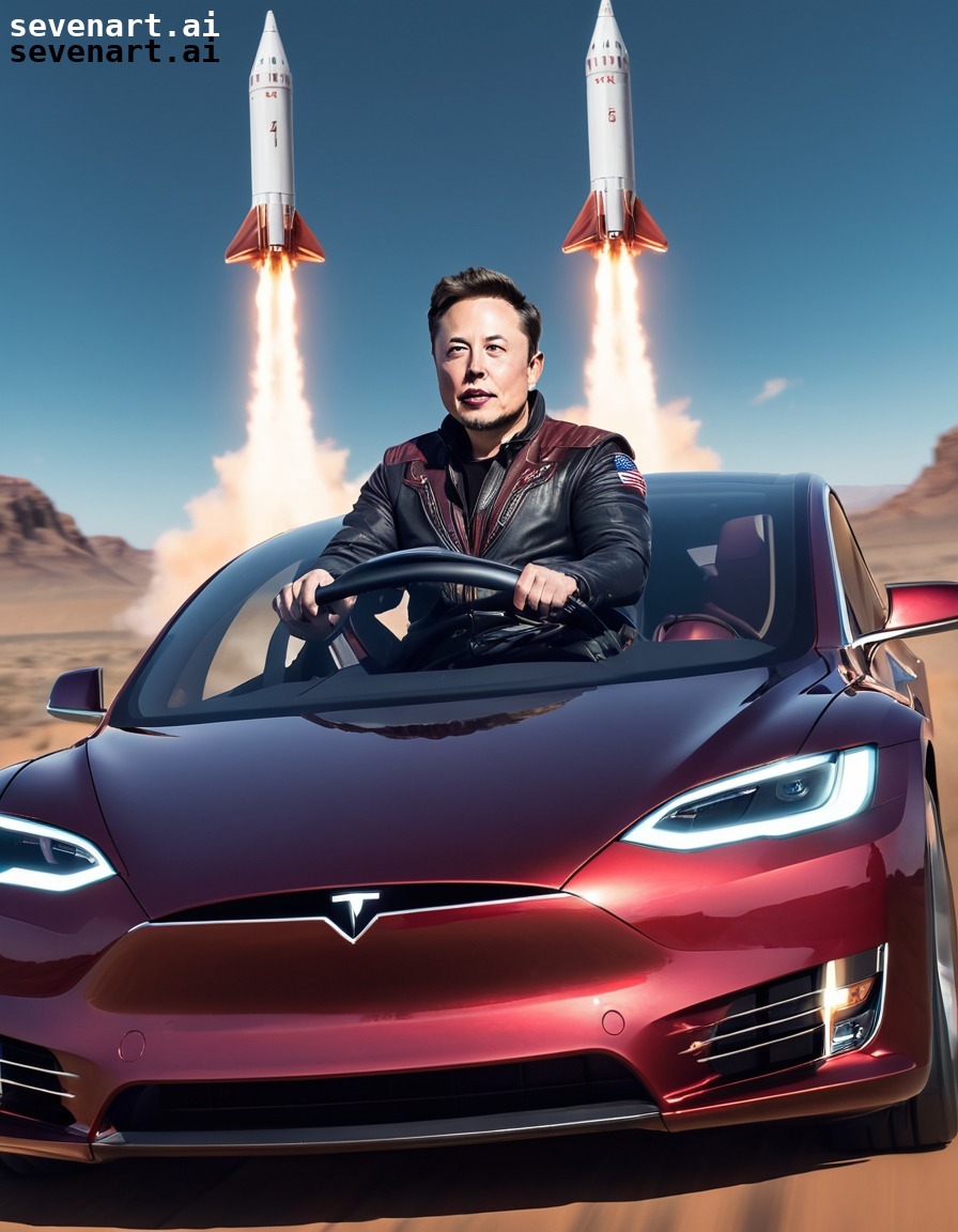 elon musk, space cowboy, tesla, rocket boosters, futuristic., elonmusk, musk