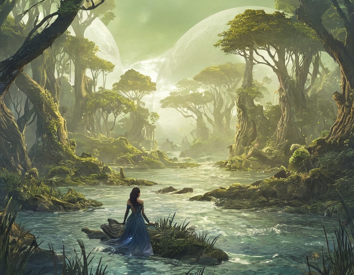 digitalart, fantasyart, dreamup, adventure, clouds, figure, grass, marsh, plants, reflections, sky, swamp, trees, water, hummocks, dailychallenge, ai_art