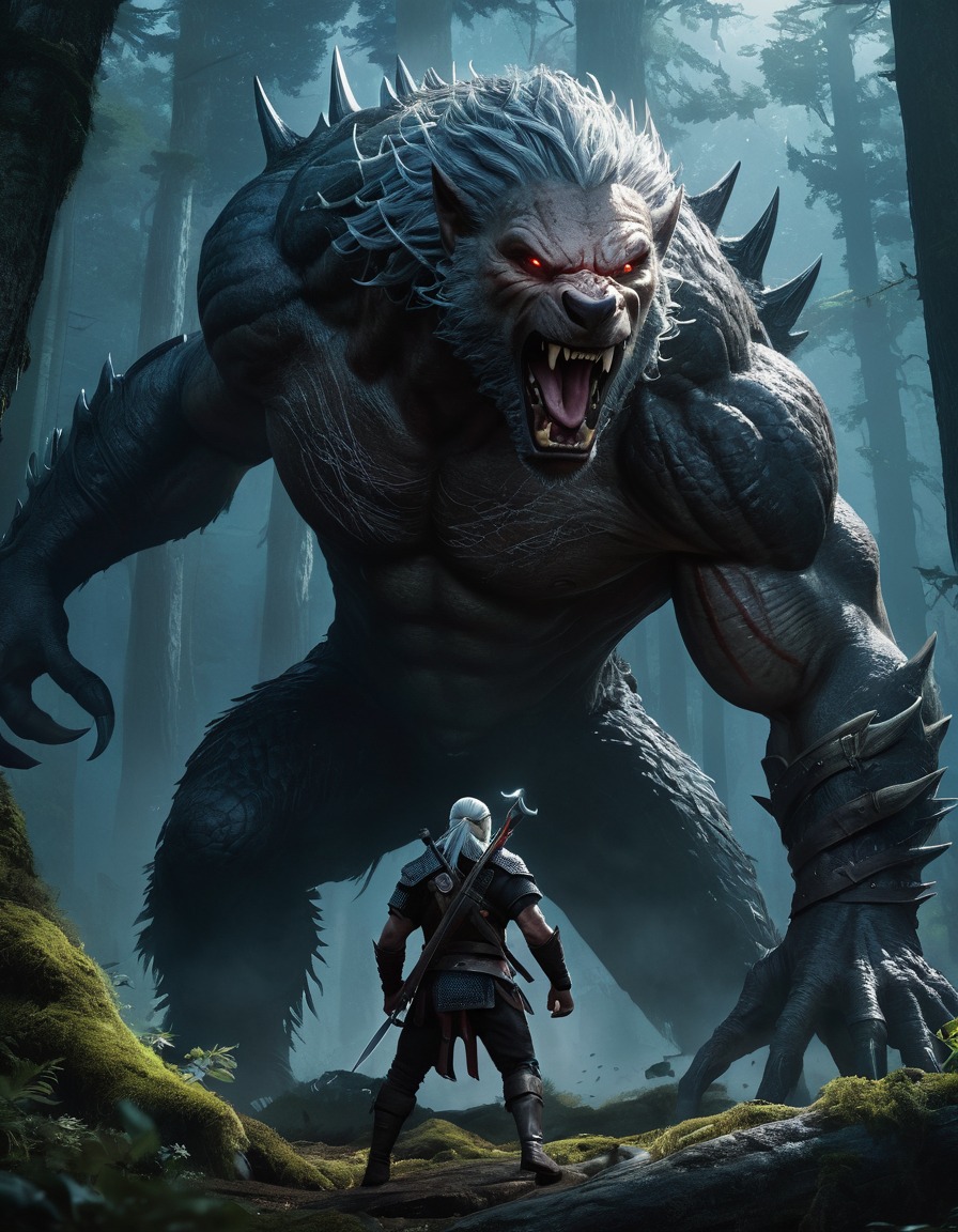 geralt of rivia, monster, battle, fantasy, dark forest, illustration, computer games