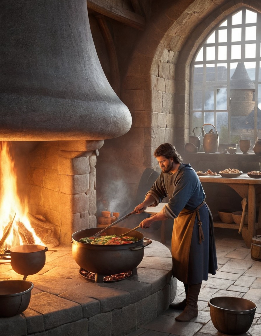 ancient cook, meal preparation, large hearth, medieval england, 1300 ad