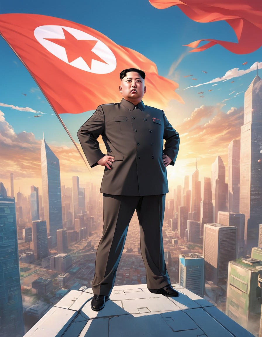 kim jong un, north korea, dictator, leader, futuristic city, dictator's pose, dramatic portrait, politics, anime