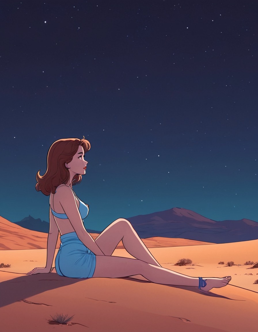 girl, stargazing, night, desert