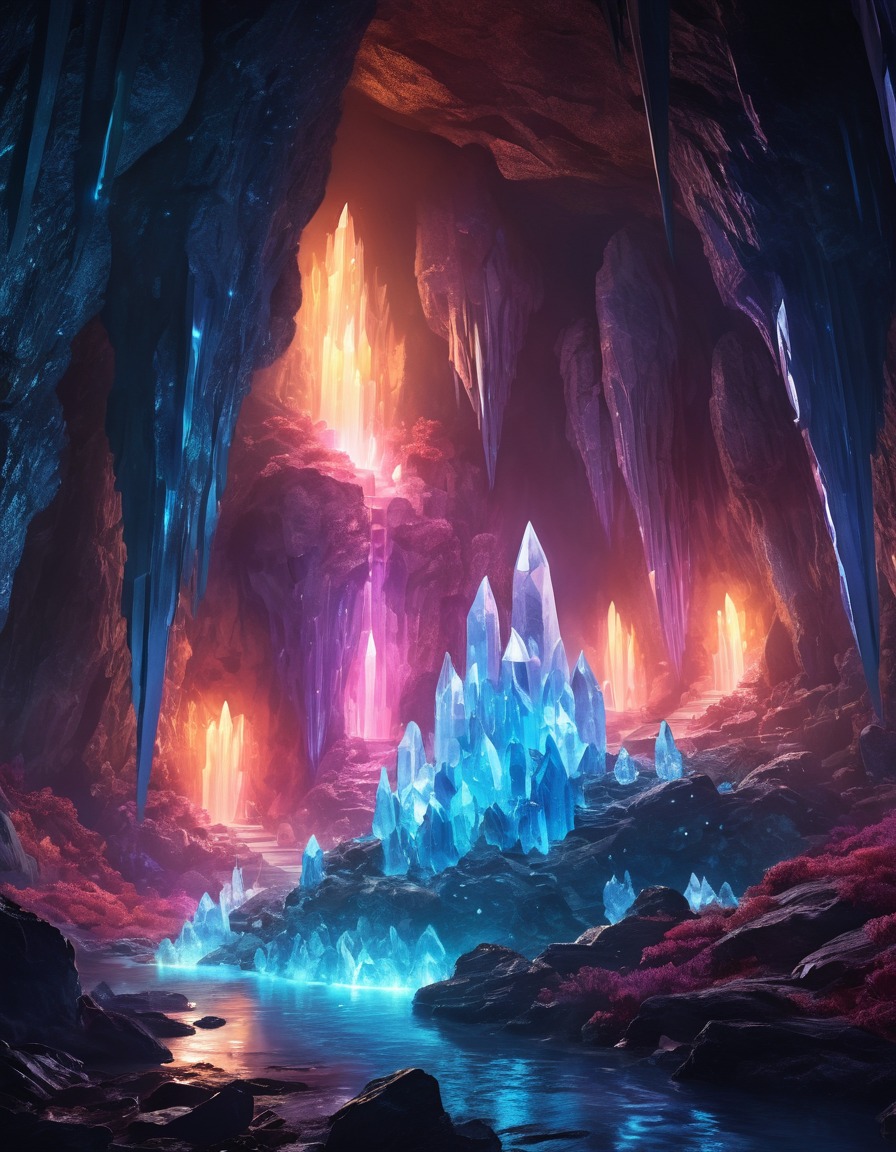 crystal cave, glowing crystals, mysterious energy, fantasy scene