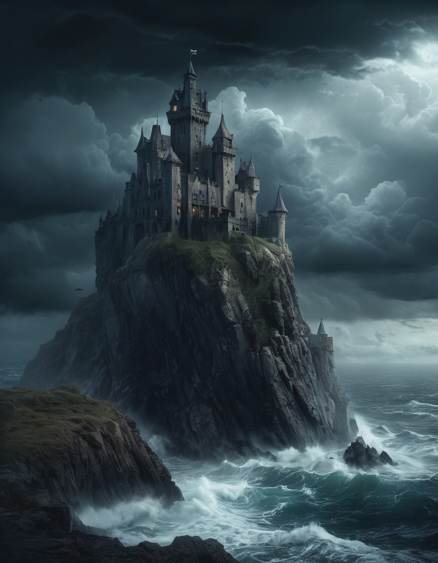 haunted, castle, cliff, stormy sea, gothic, underground, dark