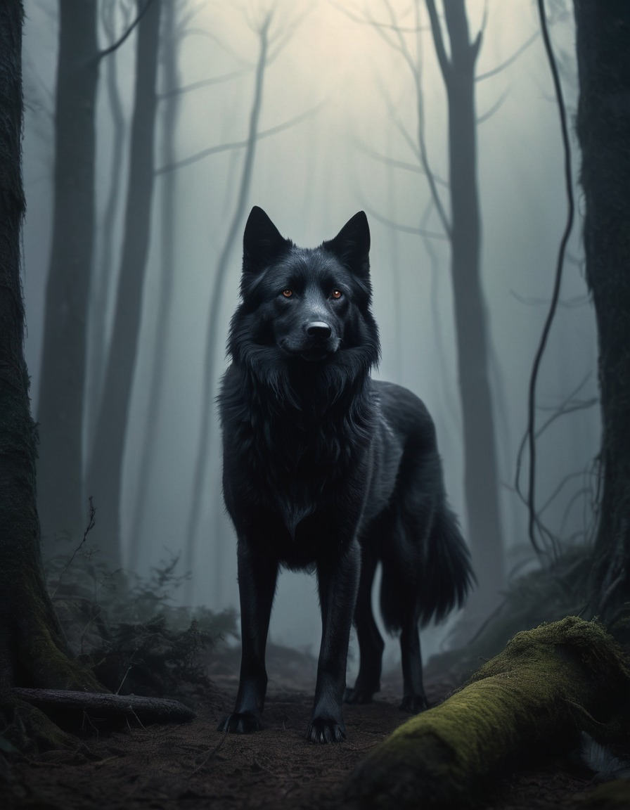 dark, misty forest, black shuck, eerie, shadows